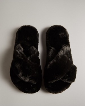 Chanclas Hunter Faux Fur Flatform Crossover Mujer Negras Uruguay | B6U-6867