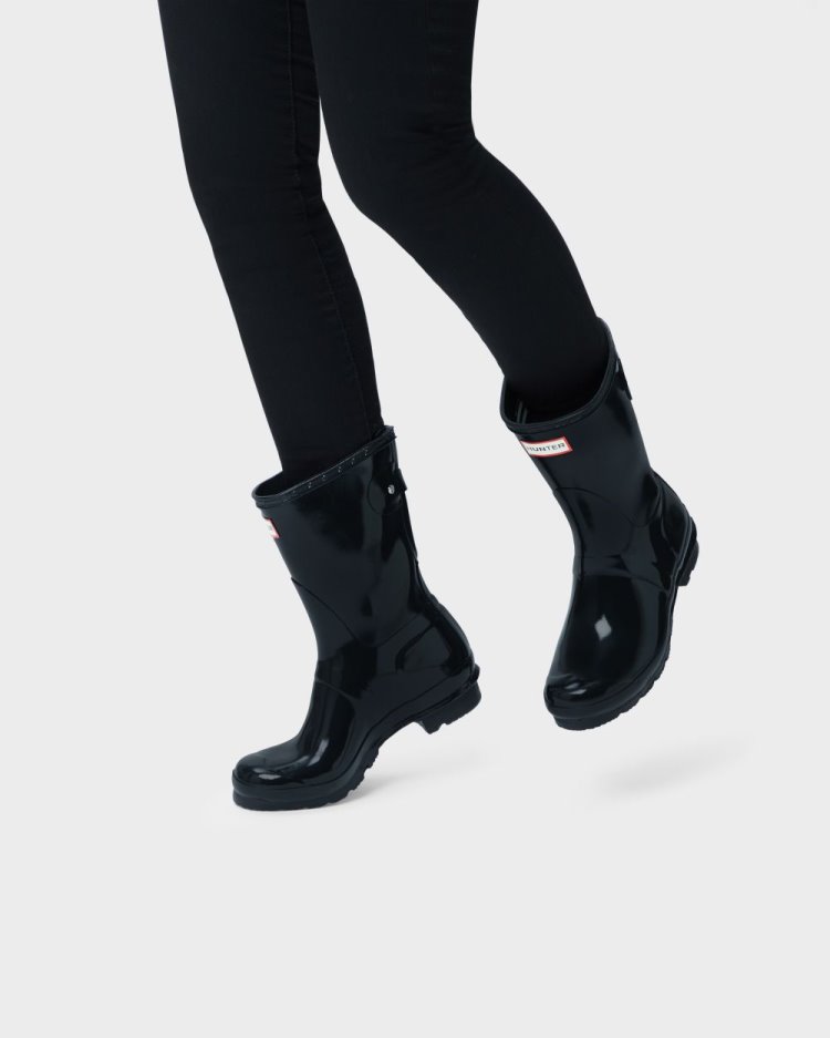 Botas De Lluvia Ajustables Hunter Short Back Adjustable Gloss Rain Mujer Negras Uruguay | U3Q-7165