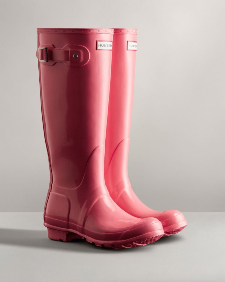 Botas de Agua Altas Hunter Original Tall Gloss Rain Mujer Rosas Uruguay | E4C-6626