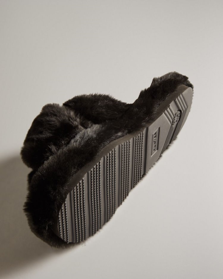 Chanclas Hunter Faux Fur Flatform Crossover Mujer Negras Uruguay | B6U-6867