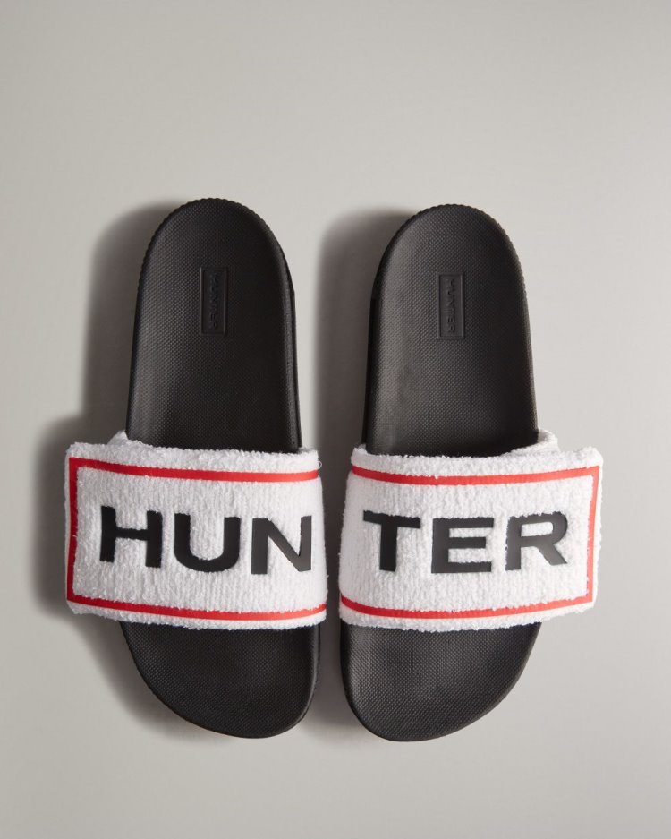 Chanclas Hunter Terry Towelling Logo Adjustable Slides Hombre Blancas Negras Uruguay | C6Z-4448