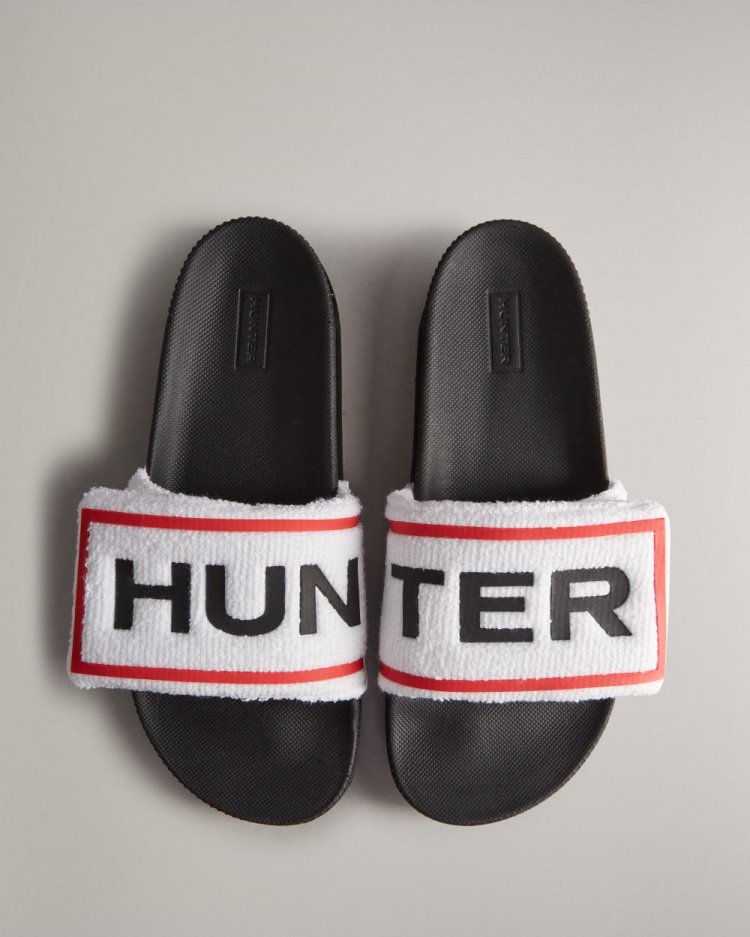 Chanclas Hunter Terry Towelling Logo Adjustable Slides Mujer Blancas Negras Uruguay | N1G-5246