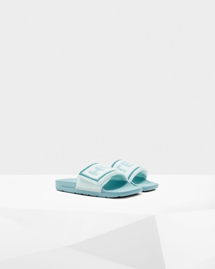 Chanclas Hunter Terry Towelling Logo Adjustable Slides Mujer Verde Menta Azules Uruguay | G1W-8945