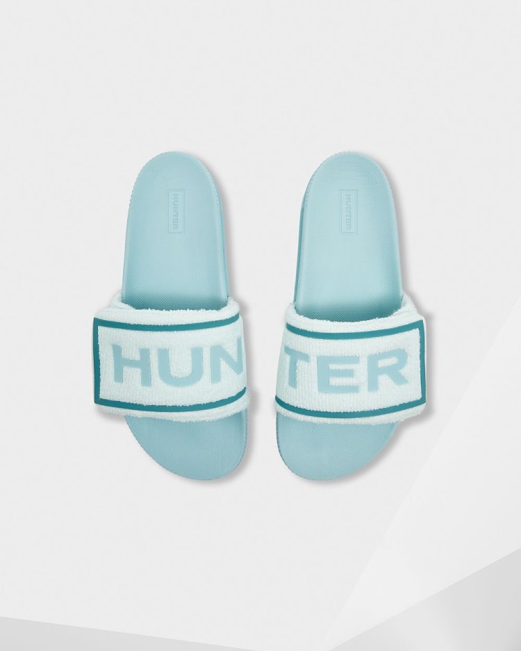 Chanclas Hunter Terry Towelling Logo Adjustable Slides Mujer Verde Menta Azules Uruguay | G1W-8945