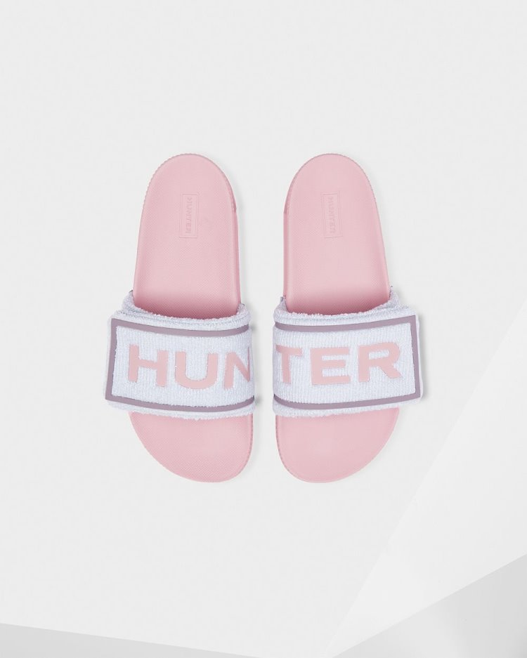 Chanclas Hunter Terry Towelling Logo Adjustable Slides Mujer Azules Rosas Uruguay | S1B-2816