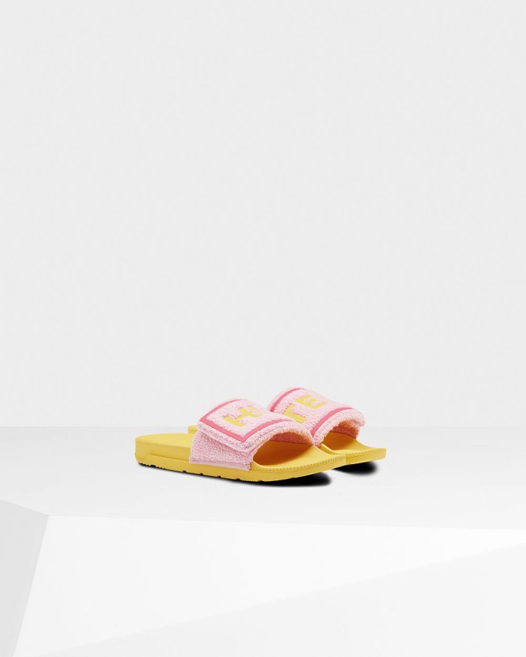 Chanclas Hunter Terry Towelling Logo Adjustable Slides Mujer Rosas Amarillo Uruguay | E9E-5265