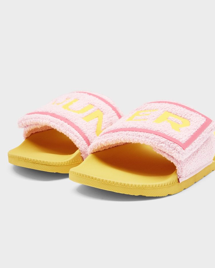 Chanclas Hunter Terry Towelling Logo Adjustable Slides Mujer Rosas Amarillo Uruguay | E9E-5265