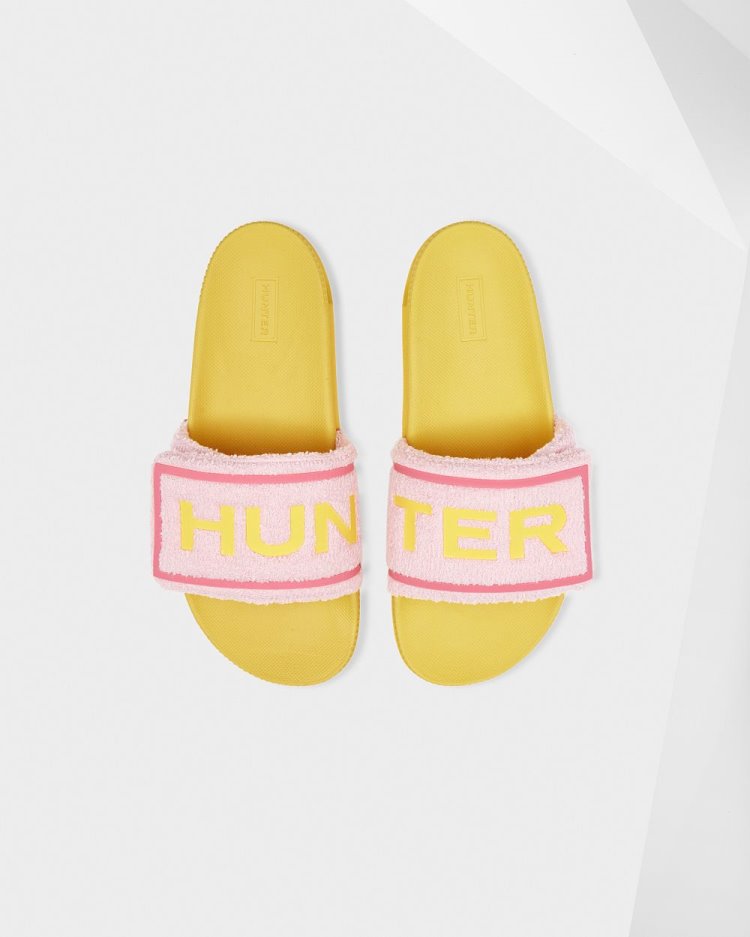 Chanclas Hunter Terry Towelling Logo Adjustable Slides Mujer Rosas Amarillo Uruguay | E9E-5265