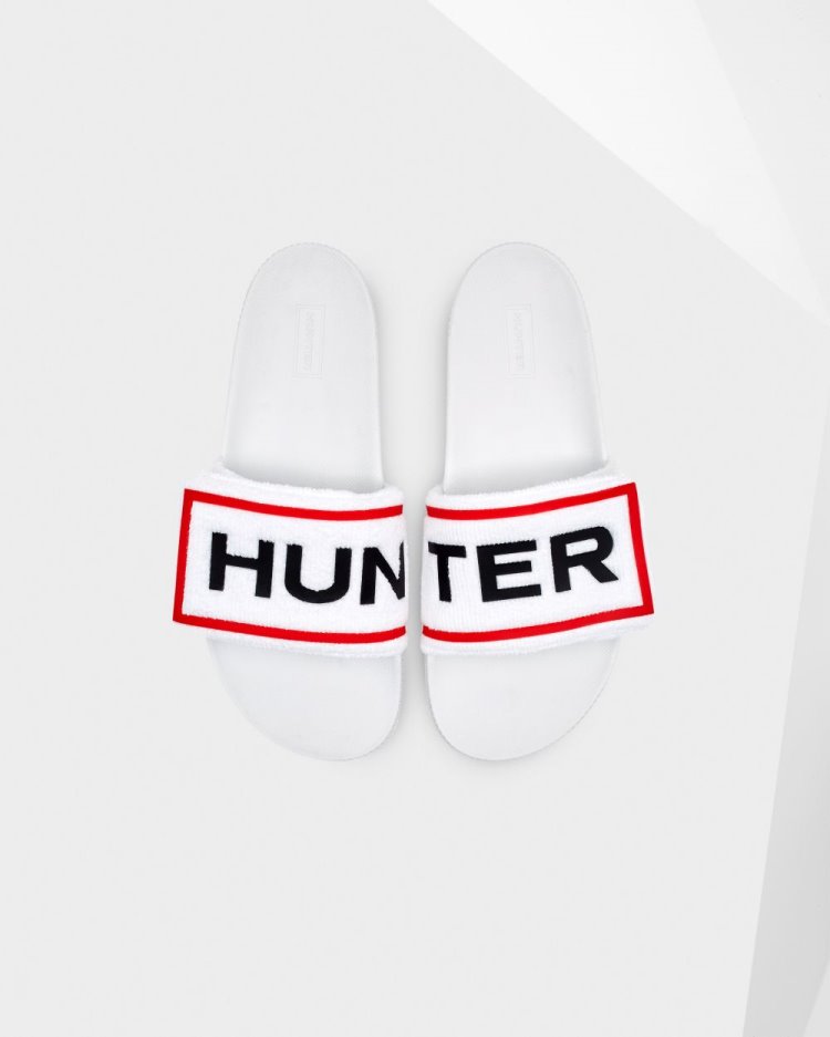 Chanclas Hunter Terry Towelling Logo Adjustable Slides Mujer Blancas Uruguay | A9V-1142